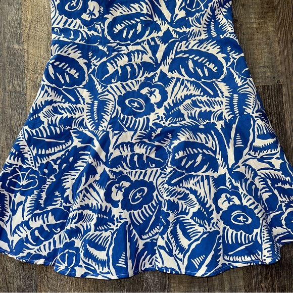 PARKER blue / white tropical print ruffled halterneck mini dress S - Picture 3 of 11
